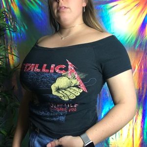 Black Metallica Off the Shoulder Band Tee